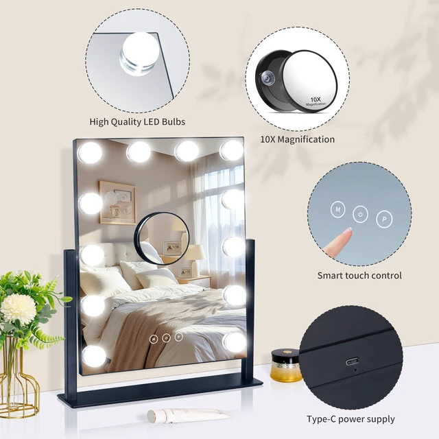 Alt view image 4 of 7 - Vanity Mirror with Lights,Lighted Vanity Mirror with 12 Dimmable Bulbs for Dressing Room & Bedroom,3 Color Lighting,Modes Detachable 10x Magnification 360°Ratation