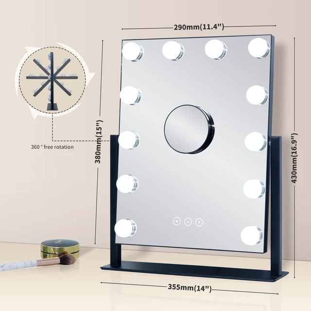 Alt view image 5 of 7 - Vanity Mirror with Lights,Lighted Vanity Mirror with 12 Dimmable Bulbs for Dressing Room & Bedroom,3 Color Lighting,Modes Detachable 10x Magnification 360°Ratation