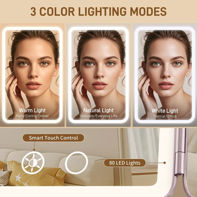 Alt view image 3 of 7 - FRANO Lighted Makeup Mirror with 1X/3X/5X Magnification, Rechargeable Trifold Mirror, Smart Sensor & 3 Light Colors, Portable Cosmetic Vanity Mirror for Women - Metallic Purple