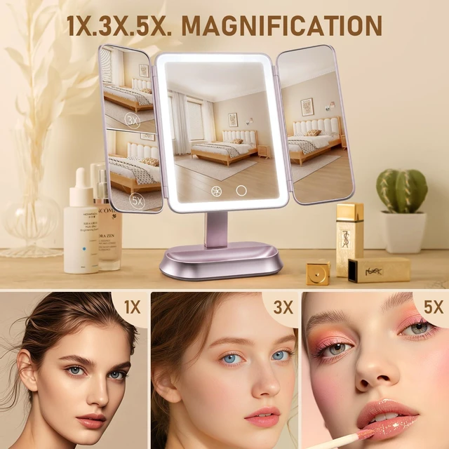 Alt view image 2 of 7 - FRANO Lighted Makeup Mirror with 1X/3X/5X Magnification, Rechargeable Trifold Mirror, Smart Sensor & 3 Light Colors, Portable Cosmetic Vanity Mirror for Women - Metallic Purple