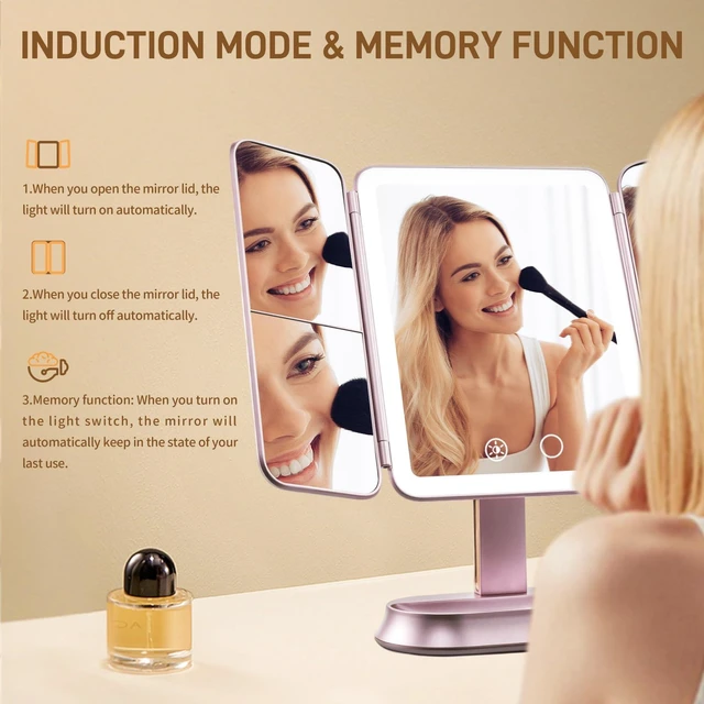 Alt view image 5 of 7 - FRANO Lighted Makeup Mirror with 1X/3X/5X Magnification, Rechargeable Trifold Mirror, Smart Sensor & 3 Light Colors, Portable Cosmetic Vanity Mirror for Women - Metallic Purple