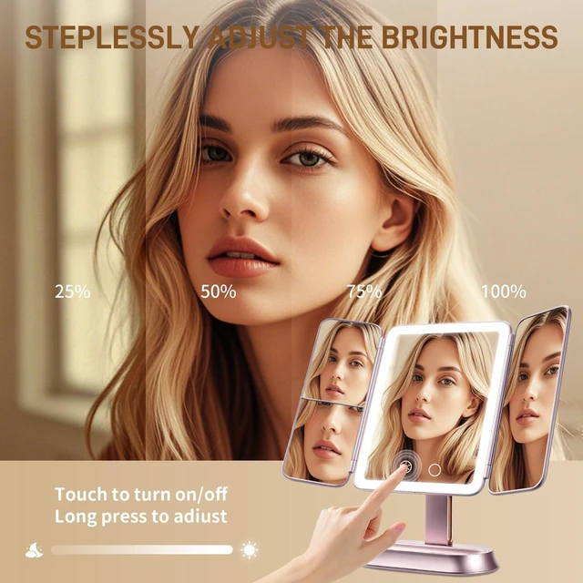Alt view image 4 of 7 - FRANO Lighted Makeup Mirror with 1X/3X/5X Magnification, Rechargeable Trifold Mirror, Smart Sensor & 3 Light Colors, Portable Cosmetic Vanity Mirror for Women - Metallic Purple