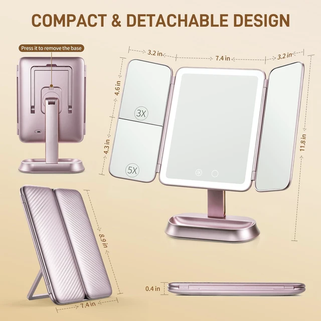 Alt view image 6 of 7 - FRANO Lighted Makeup Mirror with 1X/3X/5X Magnification, Rechargeable Trifold Mirror, Smart Sensor & 3 Light Colors, Portable Cosmetic Vanity Mirror for Women - Metallic Purple