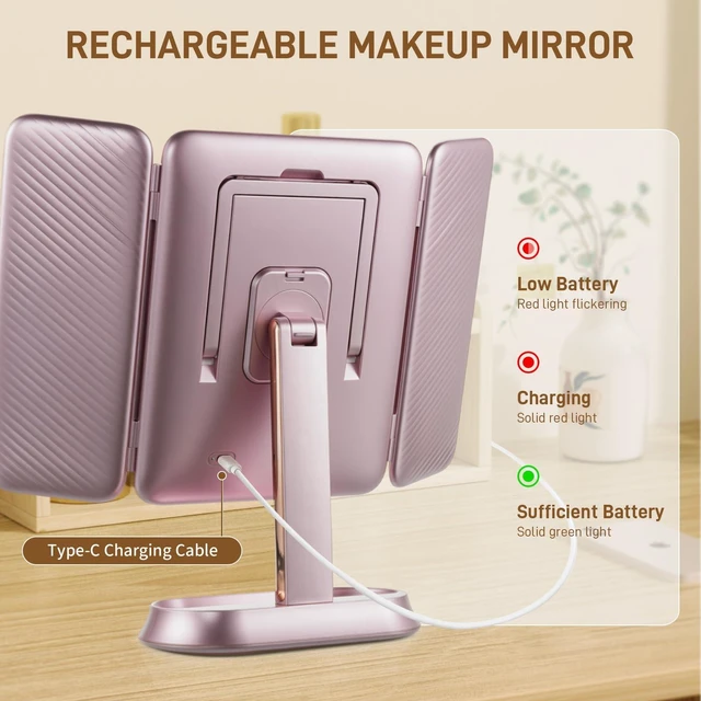 Alt view image 7 of 7 - FRANO Lighted Makeup Mirror with 1X/3X/5X Magnification, Rechargeable Trifold Mirror, Smart Sensor & 3 Light Colors, Portable Cosmetic Vanity Mirror for Women - Metallic Purple