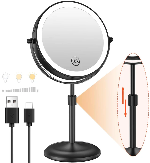 Main image of 7" Lighted Makeup Mirror with Magnification 10X, Height Adjustable,3 Lights | 1X/10X Magnifying Mirror with Light, Stepless Dimming, 360° Swivel, Rechargeable Vanity Mirror for Desk