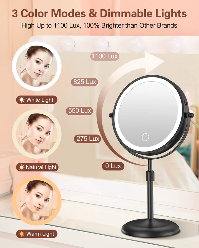 Alt view image 3 of 7 - 7" Lighted Makeup Mirror with Magnification 10X, Height Adjustable,3 Lights | 1X/10X Magnifying Mirror with Light, Stepless Dimming, 360° Swivel, Rechargeable Vanity Mirror for Desk