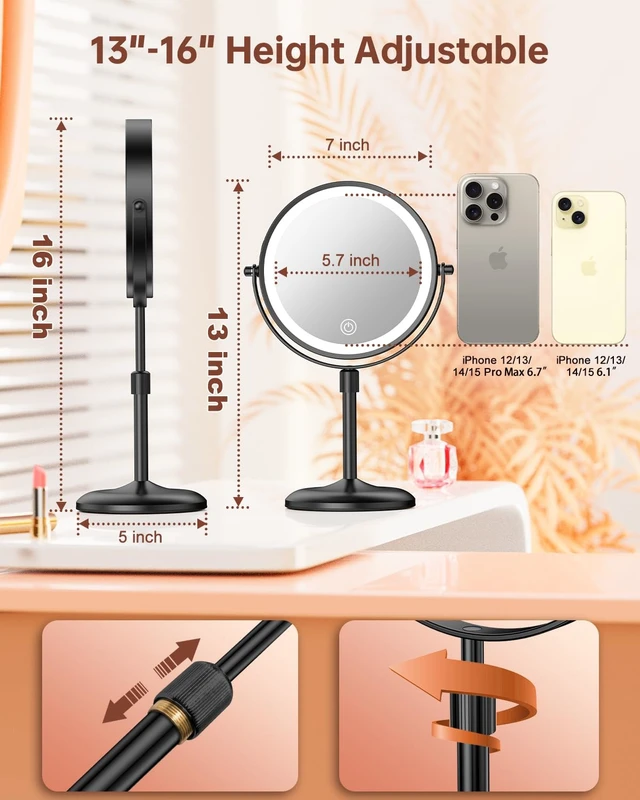 Alt view image 2 of 7 - 7" Lighted Makeup Mirror with Magnification 10X, Height Adjustable,3 Lights | 1X/10X Magnifying Mirror with Light, Stepless Dimming, 360° Swivel, Rechargeable Vanity Mirror for Desk