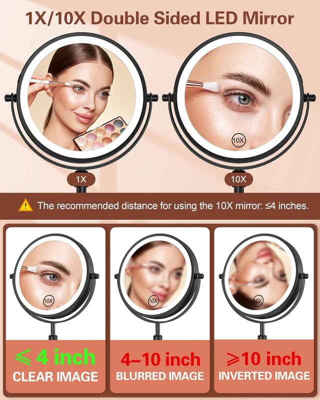 Alt view image 4 of 7 - 7" Lighted Makeup Mirror with Magnification 10X, Height Adjustable,3 Lights | 1X/10X Magnifying Mirror with Light, Stepless Dimming, 360° Swivel, Rechargeable Vanity Mirror for Desk