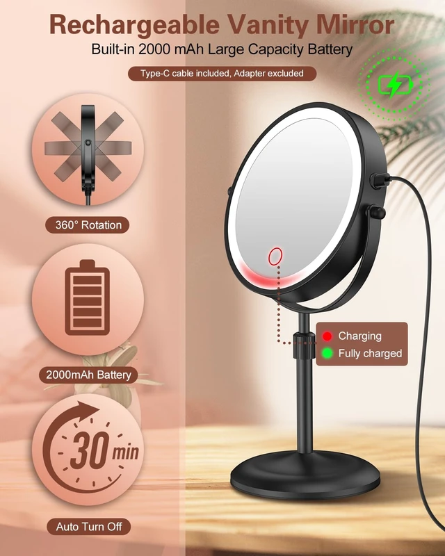 Alt view image 5 of 7 - 7" Lighted Makeup Mirror with Magnification 10X, Height Adjustable,3 Lights | 1X/10X Magnifying Mirror with Light, Stepless Dimming, 360° Swivel, Rechargeable Vanity Mirror for Desk