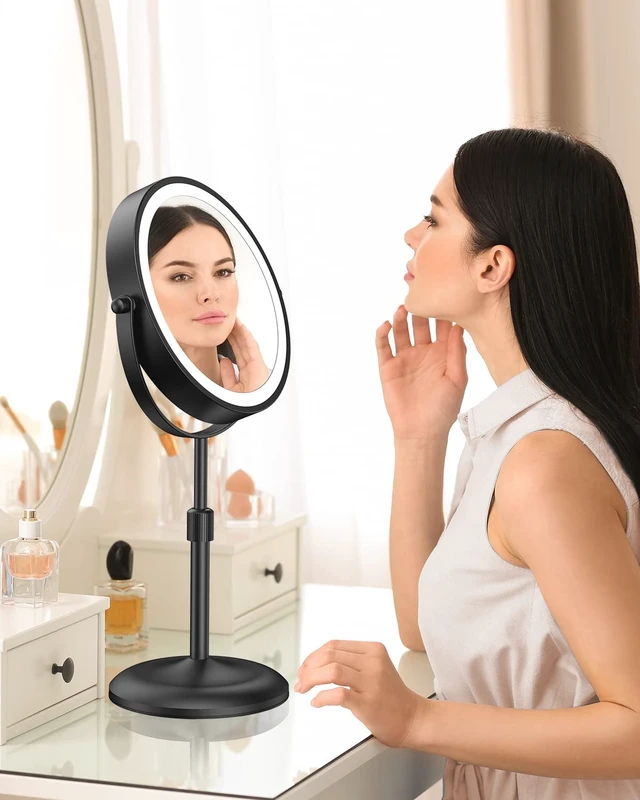Alt view image 6 of 7 - 7" Lighted Makeup Mirror with Magnification 10X, Height Adjustable,3 Lights | 1X/10X Magnifying Mirror with Light, Stepless Dimming, 360° Swivel, Rechargeable Vanity Mirror for Desk