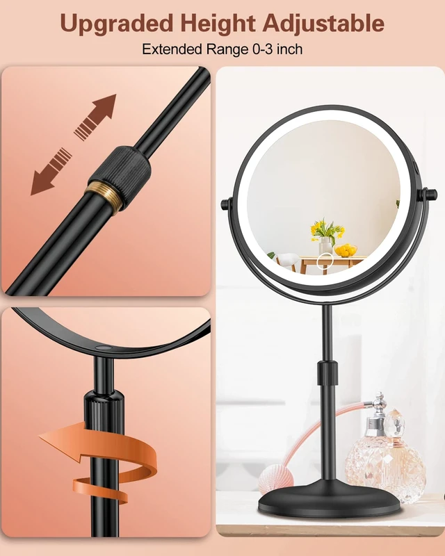 Alt view image 7 of 7 - 7" Lighted Makeup Mirror with Magnification 10X, Height Adjustable,3 Lights | 1X/10X Magnifying Mirror with Light, Stepless Dimming, 360° Swivel, Rechargeable Vanity Mirror for Desk
