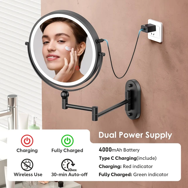Alt view image 4 of 6 - ZLOKLA 9" Wall Mounted Lighted Makeup Mirror,4000mAh Rechargeable Double Sided 1X/30X Magnifying Mirror with Light,Touch Dimmable,Extended Arm 360 Rotation Wall Mounted Makeup Mirror 3 Color Lights