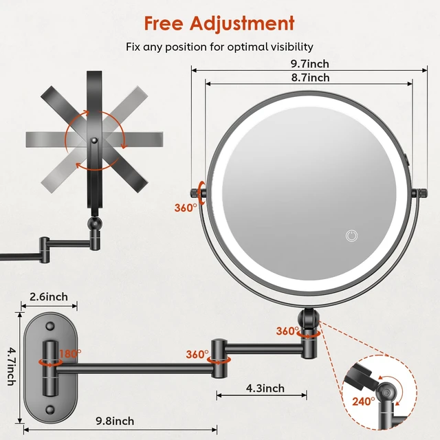 Alt view image 6 of 6 - ZLOKLA 9" Wall Mounted Lighted Makeup Mirror,4000mAh Rechargeable Double Sided 1X/30X Magnifying Mirror with Light,Touch Dimmable,Extended Arm 360 Rotation Wall Mounted Makeup Mirror 3 Color Lights