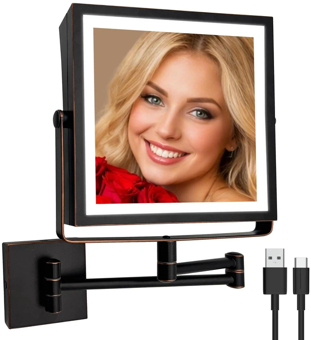 Main image of Ruacq Wall Mounted Makeup Mirror with Lights 1X/10X Oil Rubbed Bronze | 8",4000mAh Rechargeable,Magnification,3 Color,Touch Screen Dimmable,360° Rotation Extension Foldable Arm, Square, Women Gift