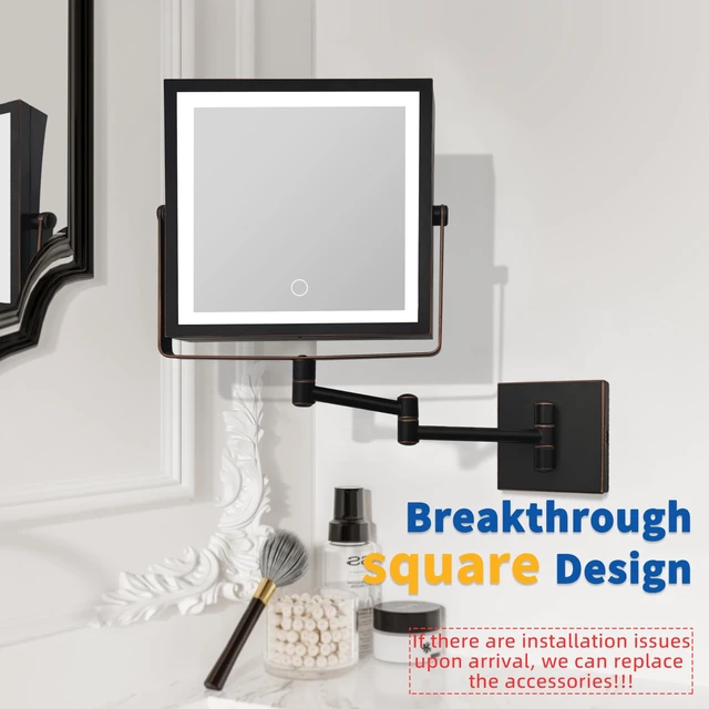 Alt view image 2 of 6 - Ruacq Wall Mounted Makeup Mirror with Lights 1X/10X Oil Rubbed Bronze | 8",4000mAh Rechargeable,Magnification,3 Color,Touch Screen Dimmable,360° Rotation Extension Foldable Arm, Square, Women Gift