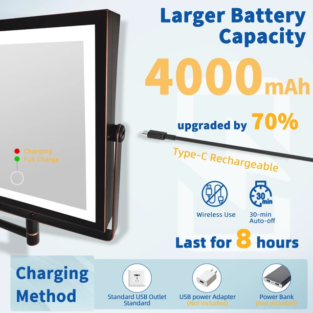 Alt view image 3 of 6 - Ruacq Wall Mounted Makeup Mirror with Lights 1X/10X Oil Rubbed Bronze | 8",4000mAh Rechargeable,Magnification,3 Color,Touch Screen Dimmable,360° Rotation Extension Foldable Arm, Square, Women Gift