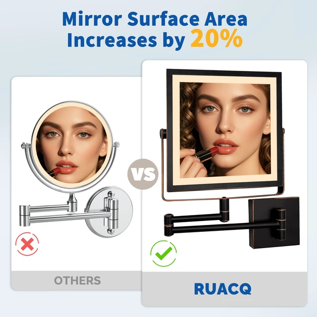 Alt view image 4 of 6 - Ruacq Wall Mounted Makeup Mirror with Lights 1X/10X Oil Rubbed Bronze | 8",4000mAh Rechargeable,Magnification,3 Color,Touch Screen Dimmable,360° Rotation Extension Foldable Arm, Square, Women Gift