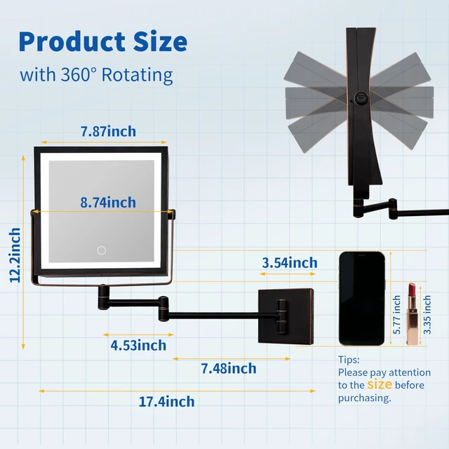 Alt view image 6 of 6 - Ruacq Wall Mounted Makeup Mirror with Lights 1X/10X Oil Rubbed Bronze | 8",4000mAh Rechargeable,Magnification,3 Color,Touch Screen Dimmable,360° Rotation Extension Foldable Arm, Square, Women Gift