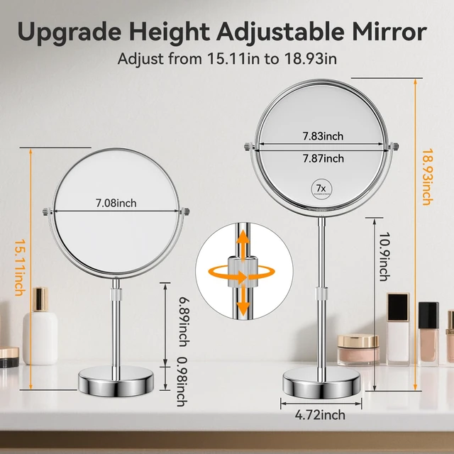 Alt view image 3 of 7 - Nicesail Adjustable Tabletop Makeup Mirror Magnified Vanity Chrome 7X | 15in-19in Height Adjustable Double Sided Mirror for Women Wife Mom Teengirls Gifts