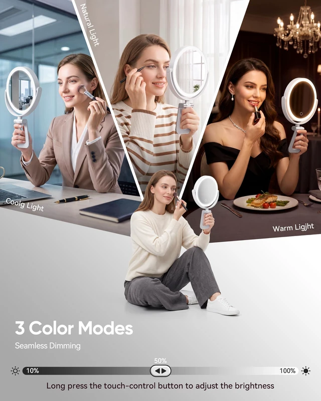 Alt view image 4 of 7 - Travel Makeup Mirror with Lights - 1X/30X Magnifying Double Sided Mirror | 3 Color Lighting & Stepless Dimming, 2000mAh Rechargeable, Foldable Portable for Travel, Desk, Wall