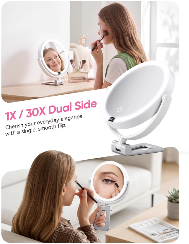 Alt view image 5 of 7 - Travel Makeup Mirror with Lights - 1X/30X Magnifying Double Sided Mirror | 3 Color Lighting & Stepless Dimming, 2000mAh Rechargeable, Foldable Portable for Travel, Desk, Wall