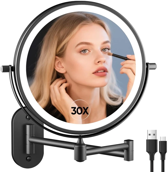 Main image of FUNTOUCH 5000mAh Rechargeable Wall Mounted Lighted Makeup Mirror 1X30X | Double Sided 1X 30X Magnifying, 3 Color Lighting, Touch Dimming, Extended Arm 360 Rotation Light up Bathroom Mirror Black