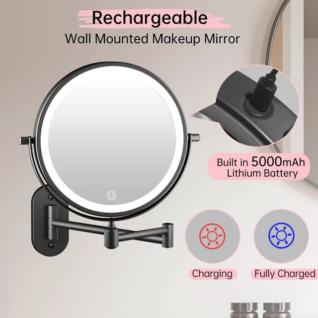 Alt view image 2 of 7 - FUNTOUCH 5000mAh Rechargeable Wall Mounted Lighted Makeup Mirror 1X30X | Double Sided 1X 30X Magnifying, 3 Color Lighting, Touch Dimming, Extended Arm 360 Rotation Light up Bathroom Mirror Black