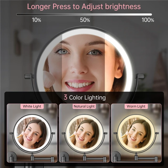 Alt view image 4 of 7 - FUNTOUCH 5000mAh Rechargeable Wall Mounted Lighted Makeup Mirror 1X30X | Double Sided 1X 30X Magnifying, 3 Color Lighting, Touch Dimming, Extended Arm 360 Rotation Light up Bathroom Mirror Black