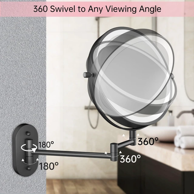 Alt view image 5 of 7 - FUNTOUCH 5000mAh Rechargeable Wall Mounted Lighted Makeup Mirror 1X30X | Double Sided 1X 30X Magnifying, 3 Color Lighting, Touch Dimming, Extended Arm 360 Rotation Light up Bathroom Mirror Black