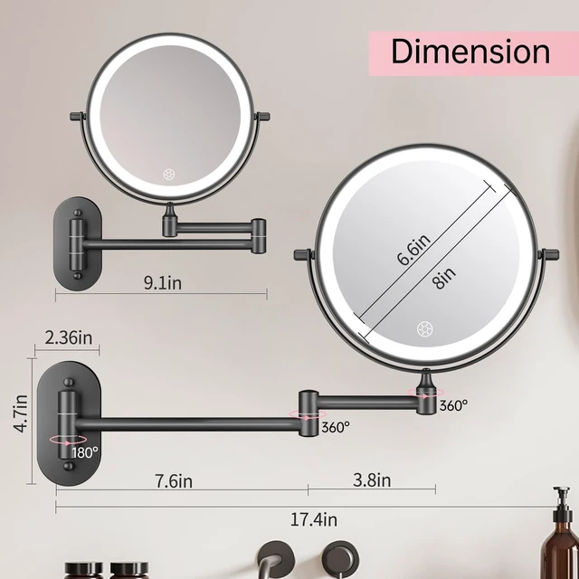 Alt view image 6 of 7 - FUNTOUCH 5000mAh Rechargeable Wall Mounted Lighted Makeup Mirror 1X30X | Double Sided 1X 30X Magnifying, 3 Color Lighting, Touch Dimming, Extended Arm 360 Rotation Light up Bathroom Mirror Black