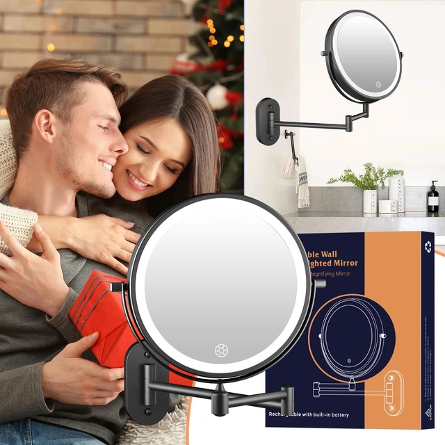 Alt view image 7 of 7 - FUNTOUCH 5000mAh Rechargeable Wall Mounted Lighted Makeup Mirror 1X30X | Double Sided 1X 30X Magnifying, 3 Color Lighting, Touch Dimming, Extended Arm 360 Rotation Light up Bathroom Mirror Black