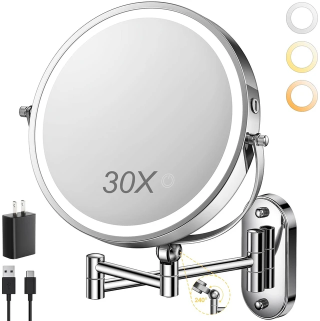 Main image of ZLOKLA 9" Wall Mounted Lighted Makeup Mirror,4000mAh Rechargeable Double Sided 1X/30X Magnifying Mirror with Light,Touch Dimmable,Extended Arm 360 Rotation Wall Mounted Makeup Mirror 3 Color Lights-C