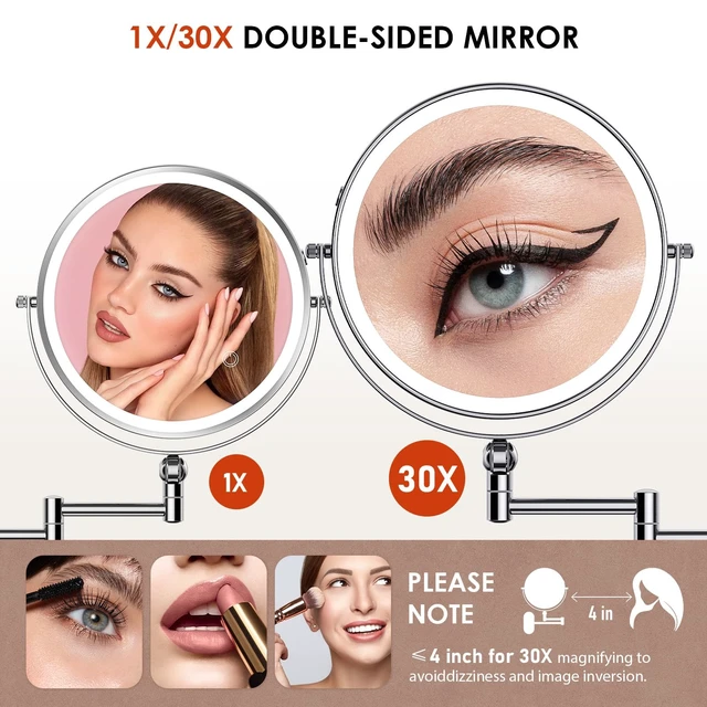 Alt view image 4 of 6 - ZLOKLA 9" Wall Mounted Lighted Makeup Mirror,4000mAh Rechargeable Double Sided 1X/30X Magnifying Mirror with Light,Touch Dimmable,Extended Arm 360 Rotation Wall Mounted Makeup Mirror 3 Color Lights-C