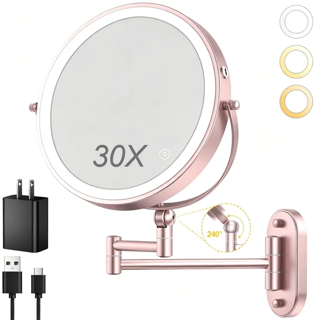 Main image of 9" Wall Mounted Lighted Makeup Mirror,4000mAh Rechargeable Double Sided 1X/30X Magnifying Mirror with Light,Touch Dimmable,Extended Arm 360 Rotation Wall Mounted Makeup Mirror 3 Color Lights-gold