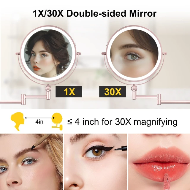 Alt view image 4 of 6 - 9" Wall Mounted Lighted Makeup Mirror,4000mAh Rechargeable Double Sided 1X/30X Magnifying Mirror with Light,Touch Dimmable,Extended Arm 360 Rotation Wall Mounted Makeup Mirror 3 Color Lights-gold