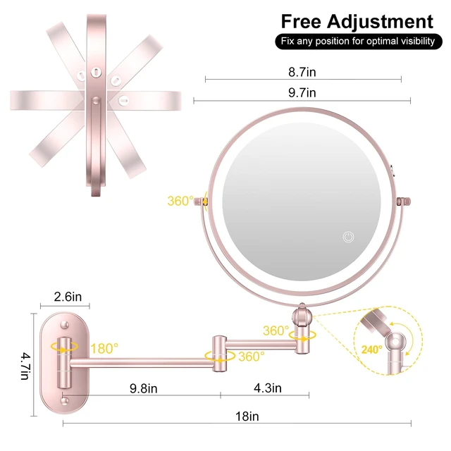 Alt view image 6 of 7 - 9" Wall Mounted Lighted Makeup Mirror,4000mAh Rechargeable Double Sided 1X/10X Magnifying Mirror with Light,3 Color Lights,Touch Dimmable,Extended Arm 360 Rotation Wall Mounted Makeup Mirror