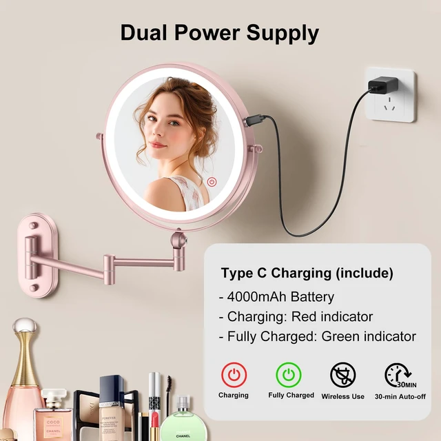 Alt view image 5 of 7 - 9" Wall Mounted Lighted Makeup Mirror,4000mAh Rechargeable Double Sided 1X/10X Magnifying Mirror with Light,3 Color Lights,Touch Dimmable,Extended Arm 360 Rotation Wall Mounted Makeup Mirror