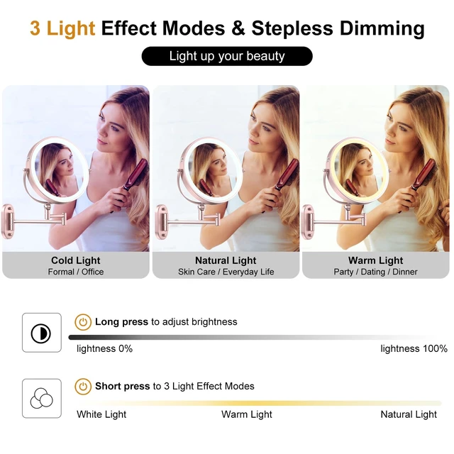 Alt view image 4 of 7 - 9" Wall Mounted Lighted Makeup Mirror,4000mAh Rechargeable Double Sided 1X/10X Magnifying Mirror with Light,3 Color Lights,Touch Dimmable,Extended Arm 360 Rotation Wall Mounted Makeup Mirror