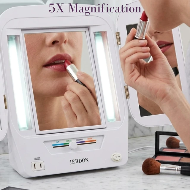 Alt view image 3 of 7 - JERDON Lighted Makeup Mirror with 5X Magnification - White - JGL10W | Modern Tri-Fold Design, Multiple Light Settings