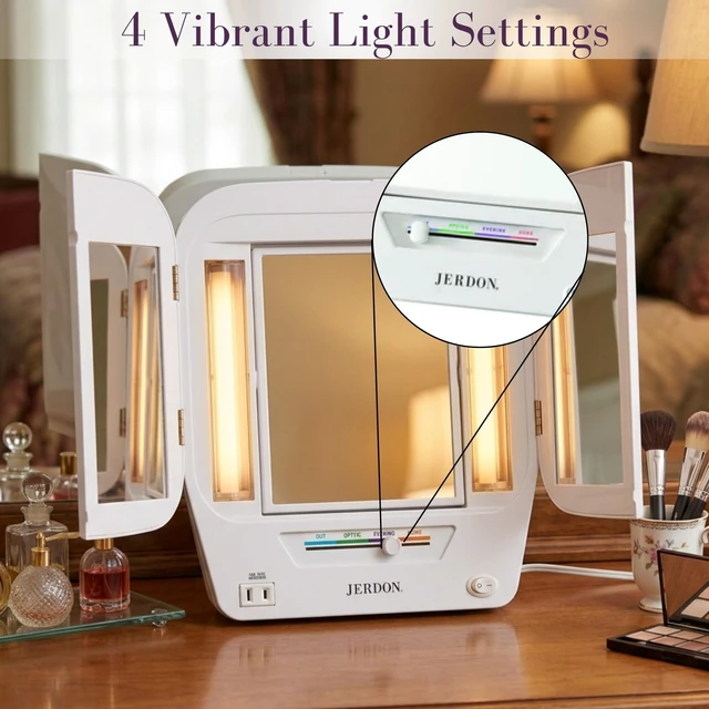 Alt view image 2 of 7 - JERDON Lighted Makeup Mirror with 5X Magnification - White - JGL10W | Modern Tri-Fold Design, Multiple Light Settings