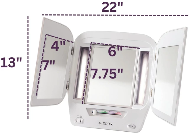 Alt view image 5 of 7 - JERDON Lighted Makeup Mirror with 5X Magnification - White - JGL10W | Modern Tri-Fold Design, Multiple Light Settings