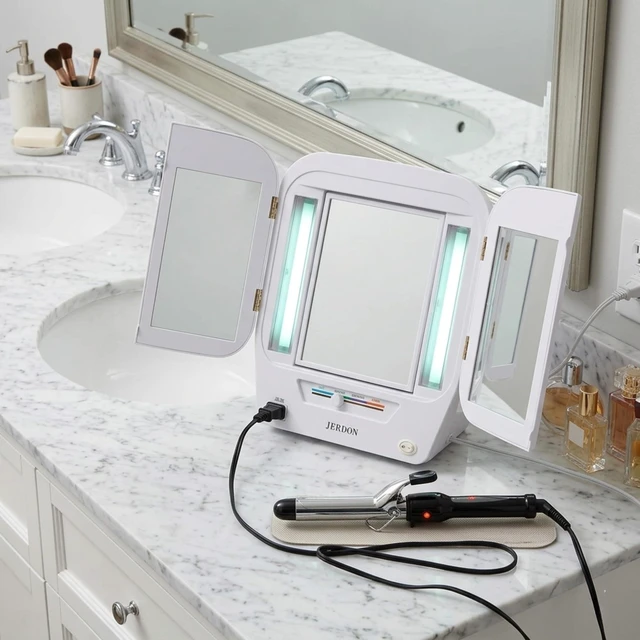 Alt view image 7 of 7 - JERDON Lighted Makeup Mirror with 5X Magnification - White - JGL10W | Modern Tri-Fold Design, Multiple Light Settings