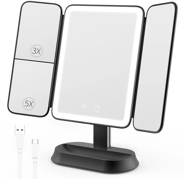Main image of Rechargeable Lighted Makeup Mirror with 1X/3X/5X Magnification, Professional 3-Color LED Trifold Vanity Mirror, Smart Memory, Type-C Charging, Portable Beauty Mirror for Travel, Idea Gifts - Black