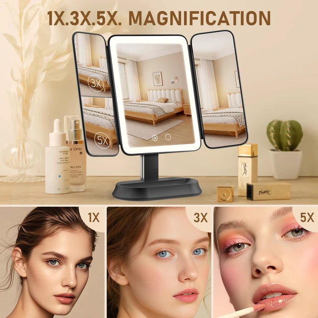 Alt view image 2 of 7 - Rechargeable Lighted Makeup Mirror with 1X/3X/5X Magnification, Professional 3-Color LED Trifold Vanity Mirror, Smart Memory, Type-C Charging, Portable Beauty Mirror for Travel, Idea Gifts - Black