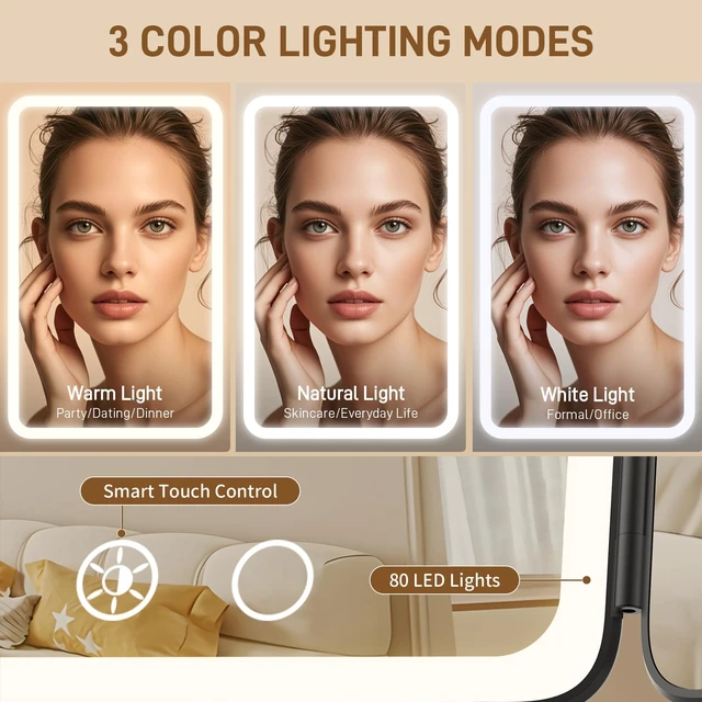 Alt view image 3 of 7 - Rechargeable Lighted Makeup Mirror with 1X/3X/5X Magnification, Professional 3-Color LED Trifold Vanity Mirror, Smart Memory, Type-C Charging, Portable Beauty Mirror for Travel, Idea Gifts - Black