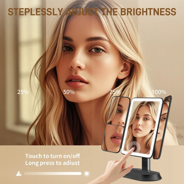Alt view image 4 of 7 - Rechargeable Lighted Makeup Mirror with 1X/3X/5X Magnification, Professional 3-Color LED Trifold Vanity Mirror, Smart Memory, Type-C Charging, Portable Beauty Mirror for Travel, Idea Gifts - Black