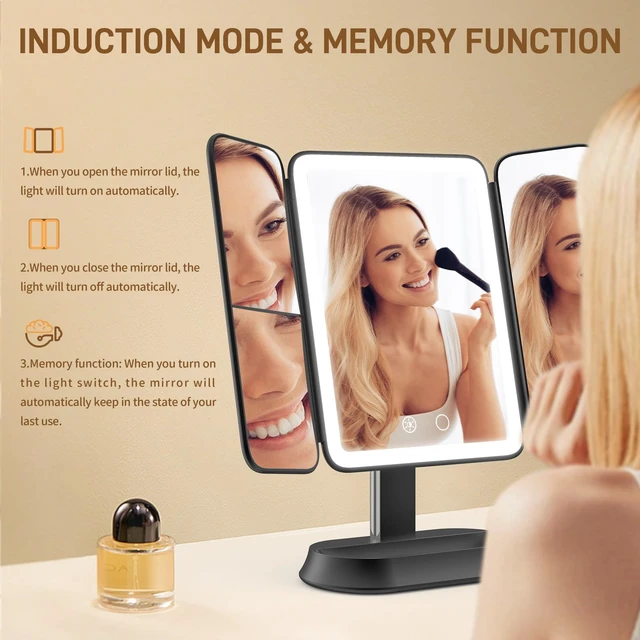 Alt view image 5 of 7 - Rechargeable Lighted Makeup Mirror with 1X/3X/5X Magnification, Professional 3-Color LED Trifold Vanity Mirror, Smart Memory, Type-C Charging, Portable Beauty Mirror for Travel, Idea Gifts - Black