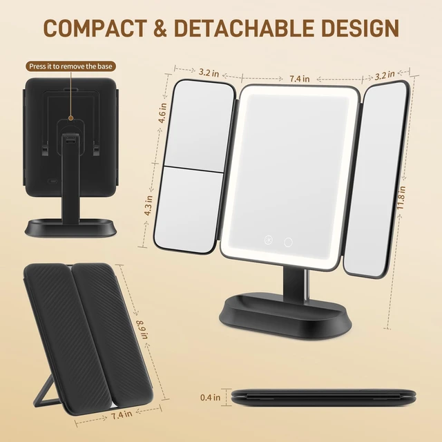 Alt view image 6 of 7 - Rechargeable Lighted Makeup Mirror with 1X/3X/5X Magnification, Professional 3-Color LED Trifold Vanity Mirror, Smart Memory, Type-C Charging, Portable Beauty Mirror for Travel, Idea Gifts - Black