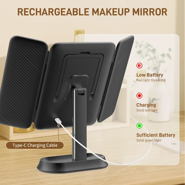 Alt view image 7 of 7 - Rechargeable Lighted Makeup Mirror with 1X/3X/5X Magnification, Professional 3-Color LED Trifold Vanity Mirror, Smart Memory, Type-C Charging, Portable Beauty Mirror for Travel, Idea Gifts - Black