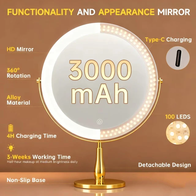Alt view image 2 of 7 - DEXHOM 11.8" Magnifying Vanity Mirror with Light, 10X/1X Makeup Mirror | tabletop vanity mirror with 3 color lighting, 360° rotation,Adjustable Brightness, 3000mAh, Double-Sided 10X/1X magnifiers
